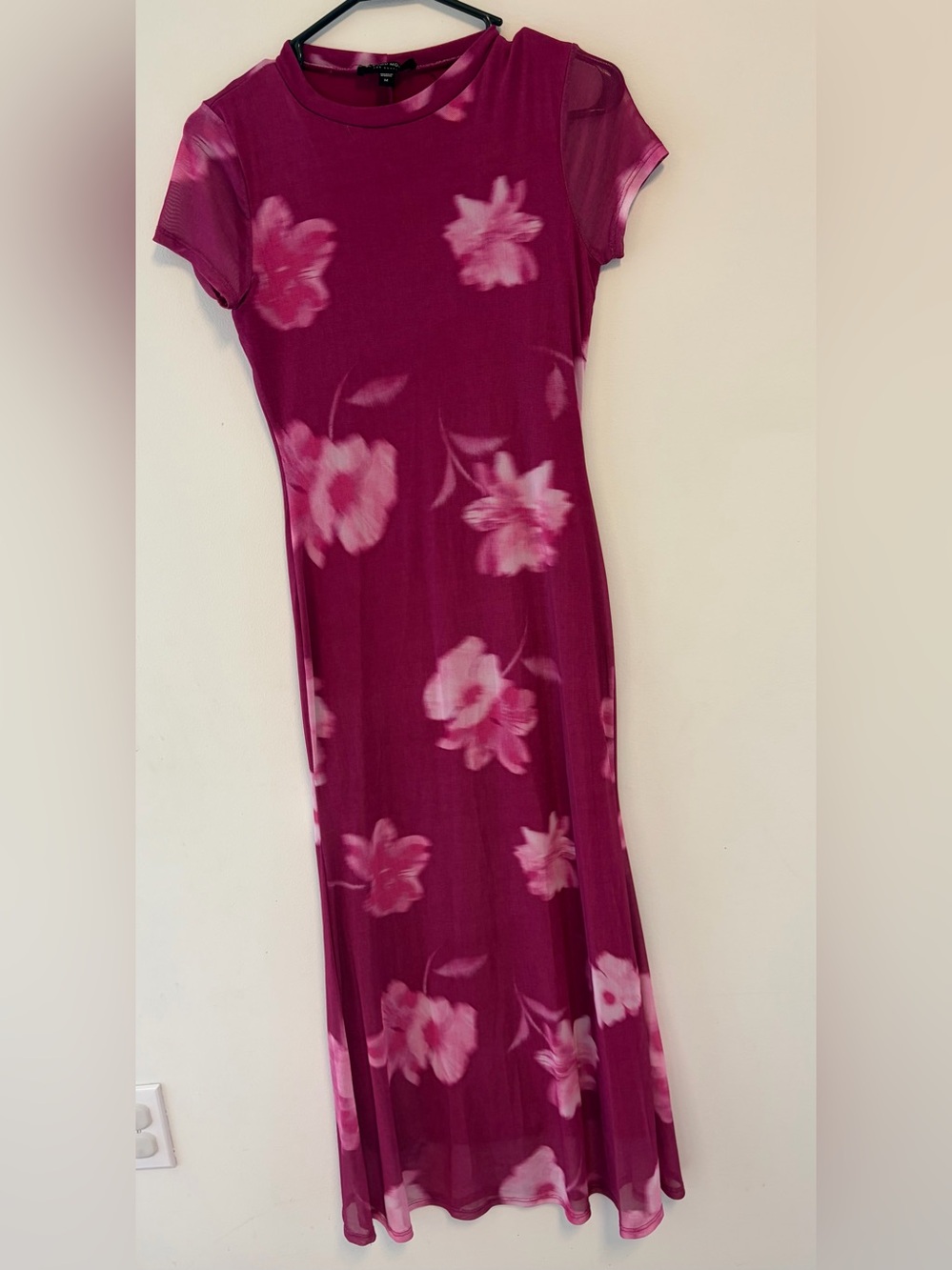 See You Monday LA Magenta Floral Dress Sheer 90s Y2K Bodycon Mesh Overlay Midi